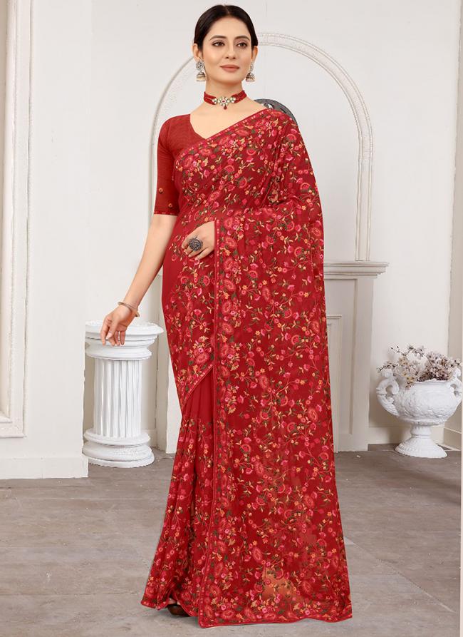 Resham  Red Traditional Wear Embroidery Work Saree